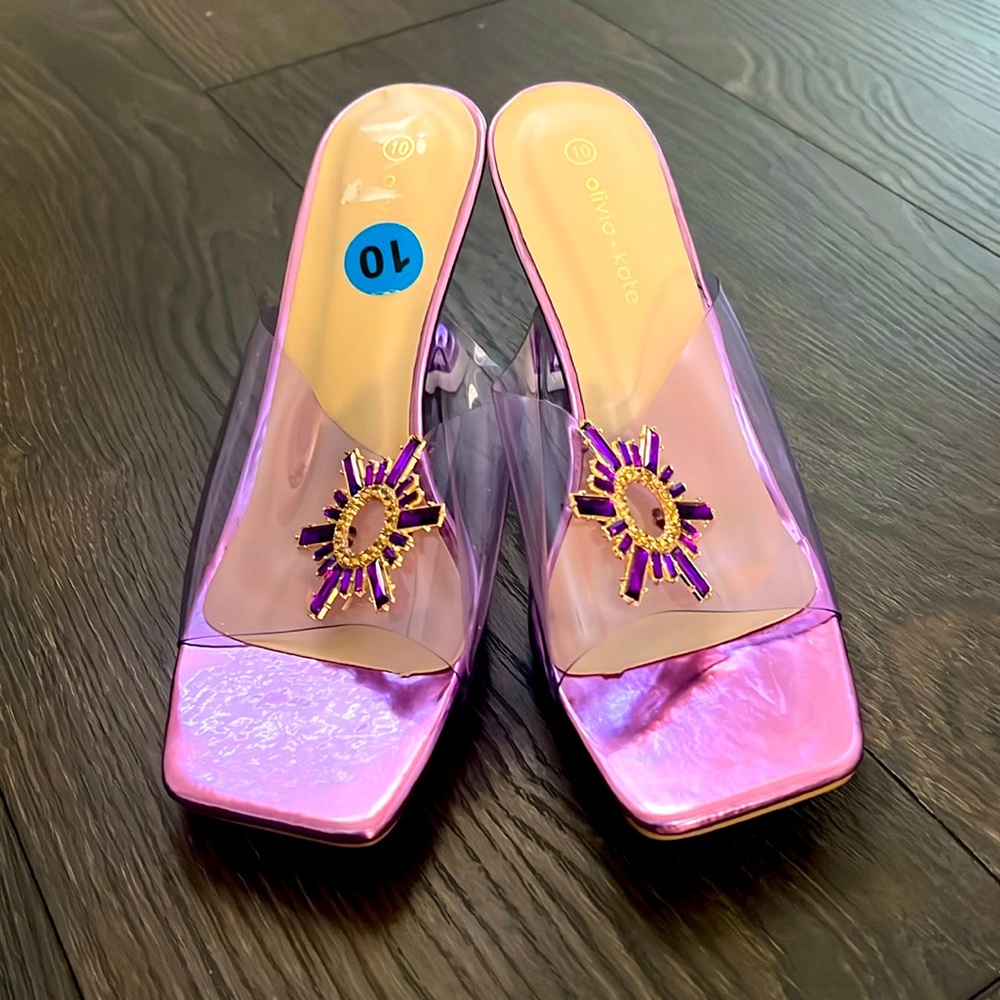 Olivia + Kate clear purple crystal glass heels size 10